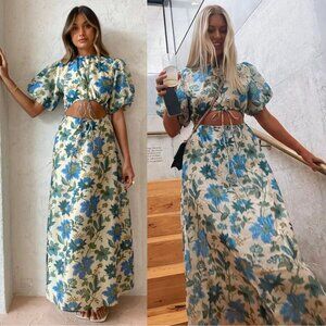 Sir the Label Celia Maxi Dress Blue Green Floral‎ Puff Sleeve Cutout Size 0 US 2